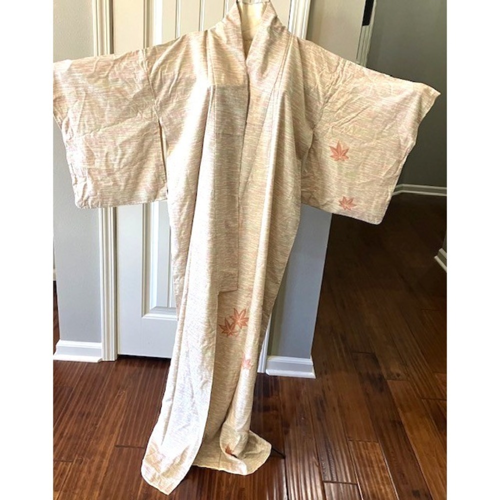 Vintage Japanese Komon Kimono Beige Pink Green Tones Maple Leaf Design "AS IS"
